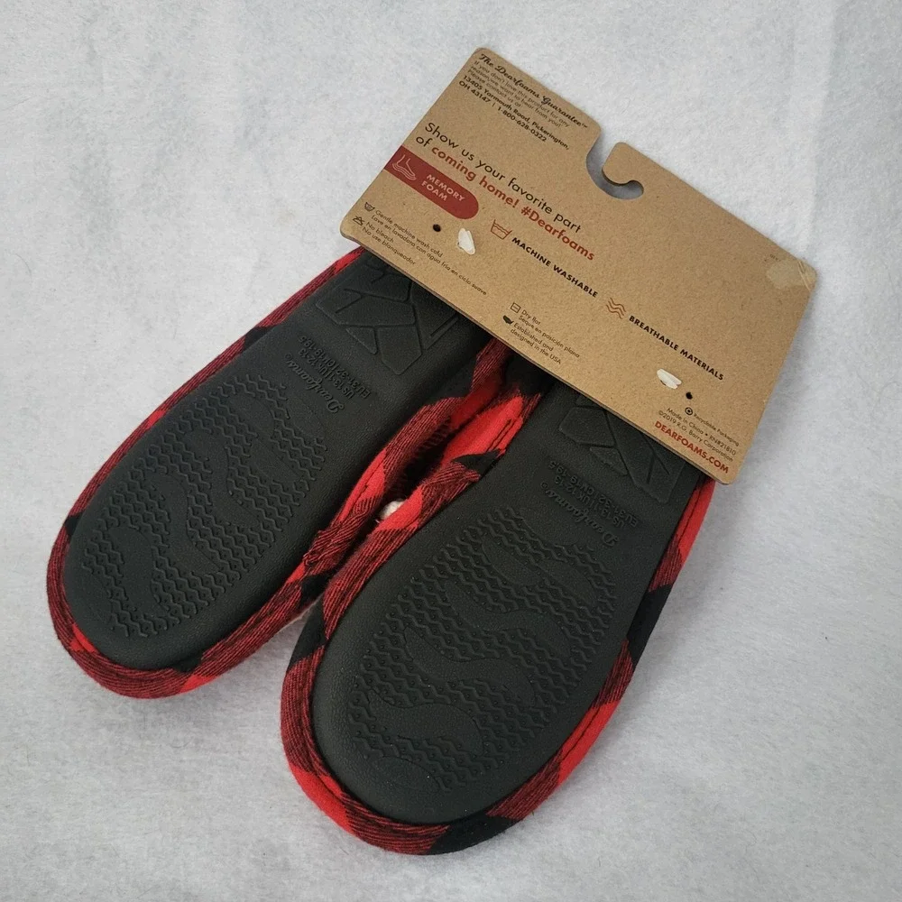 Dearfoams Lil bear Slippers Kids Buffalo Plaid Red Black Memory Foam Sherpa 13/1